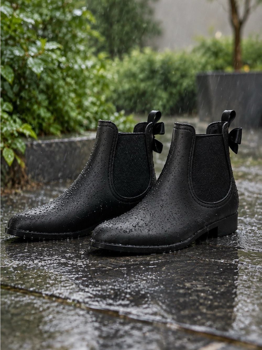 Catherine Malandrino Black Chelsea Rain Boots with Rear Bow
